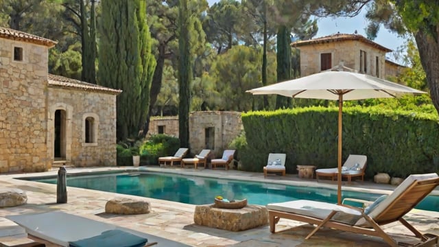 Mediterranean-style house exterior with pool, lounge chairs, and umbrella