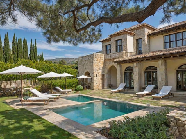 Mediterranean-style house with a large pool and patio area