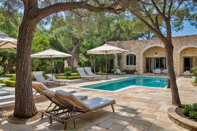 Mediterranean-style house exterior with a pool and patio area, featuring chairs and umbrellas.