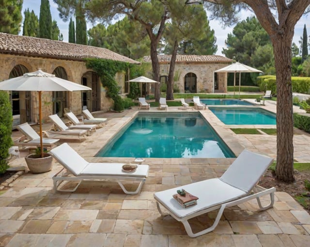 Mediterranean-style house with a large swimming pool and patio area, featuring chairs and umbrellas.