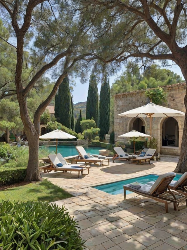 Mediterranean-style house with a patio featuring lounge chairs and umbrellas