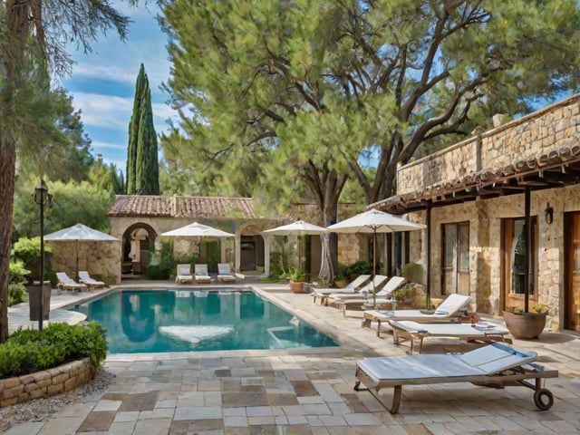 Mediterranean-style house with a large pool and patio area, featuring several chairs and umbrellas.