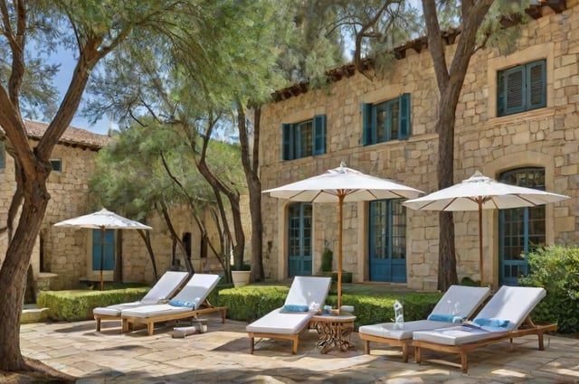 Mediterranean-style house with patio featuring white lounge chairs and umbrellas