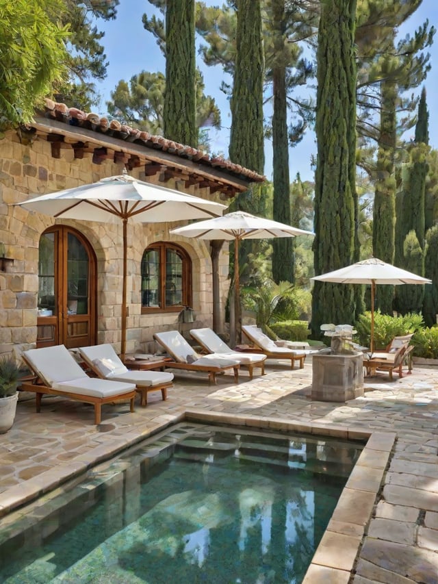 Mediterranean house exterior with pool, patio furniture, and umbrellas