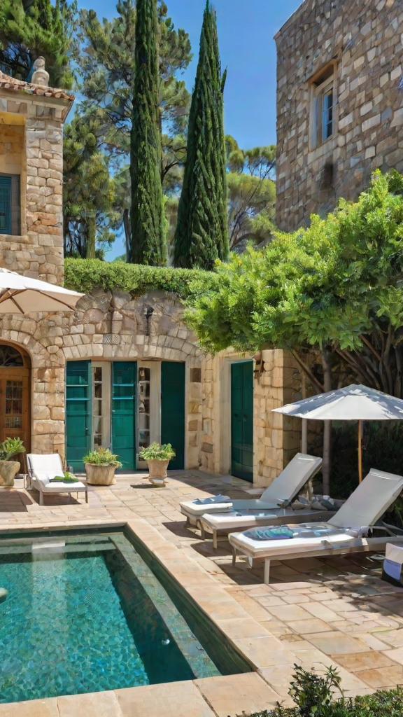 Mediterranean-style house with a stone exterior, patio, chairs, and umbrella. The patio overlooks a pool.