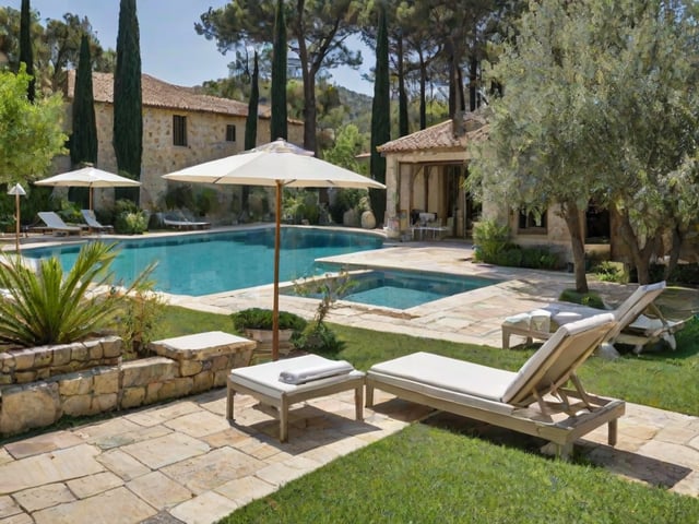 Mediterranean-style house exterior with a large swimming pool and patio area. The patio is furnished with several chairs and umbrellas, and a bench is also present.