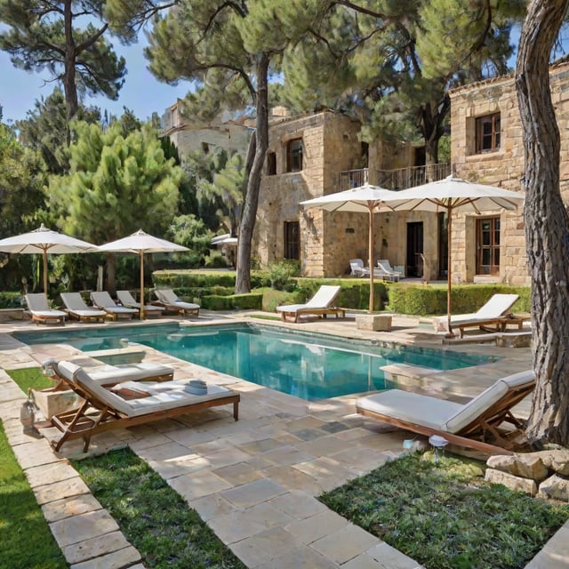 Mediterranean house exterior with a pool, patio furniture, and stone building