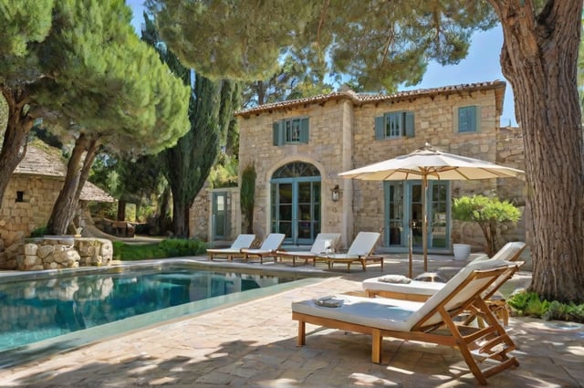 Mediterranean-style house with a large pool and patio area, featuring several chairs and a large umbrella.