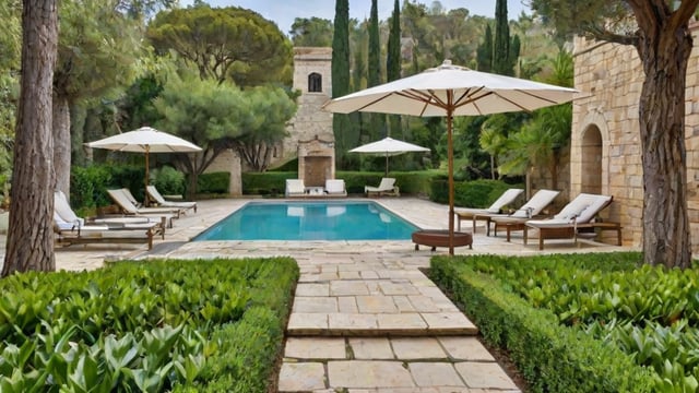 Mediterranean-style house exterior with a large swimming pool and patio area, featuring several chairs and umbrellas.