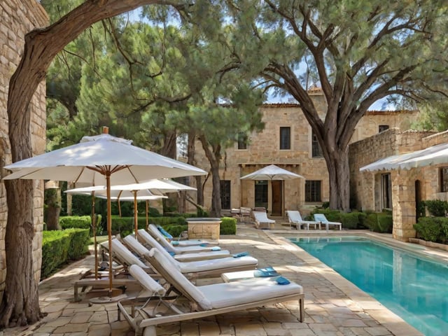 Mediterranean house exterior with pool, patio furniture, and trees in the background