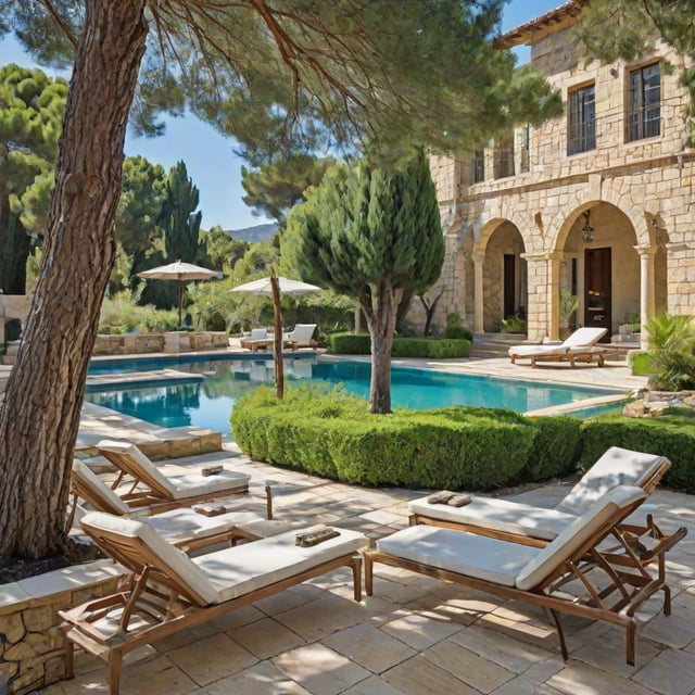 Mediterranean house exterior with a large swimming pool and patio area