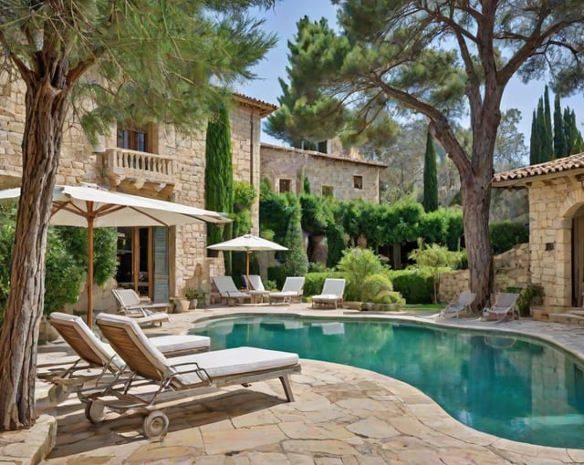 Mediterranean-style house with a large pool and patio area, featuring several chairs and an umbrella.