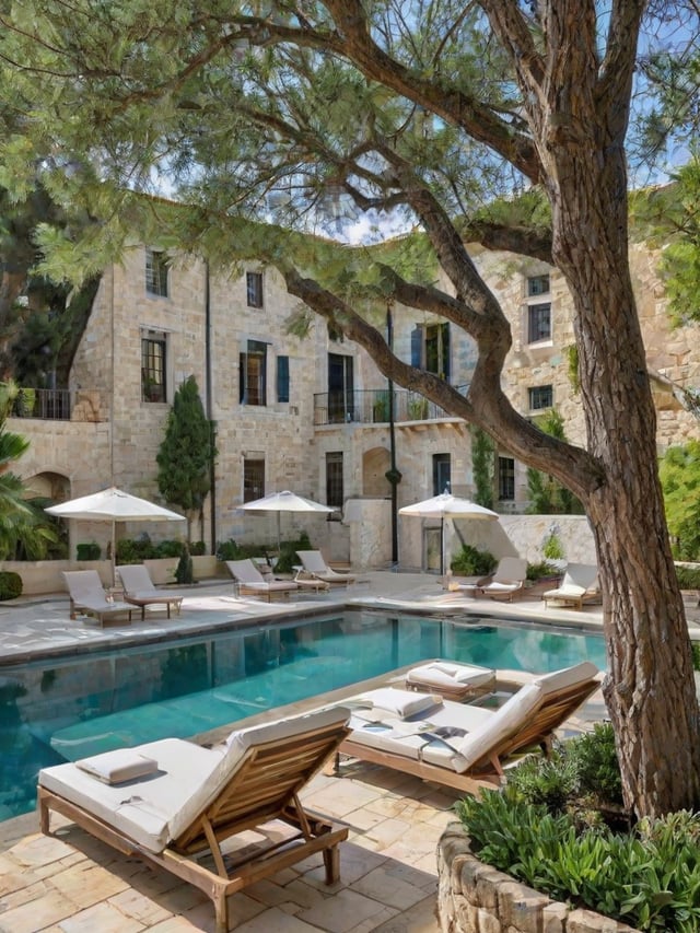 Mediterranean-style house exterior with a large swimming pool, lounge chairs and umbrellas