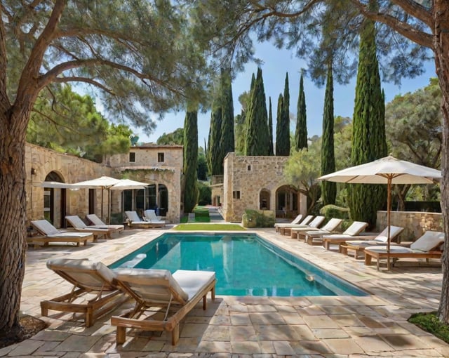 Mediterranean-style house with a large pool, chairs, and umbrellas in the backyard