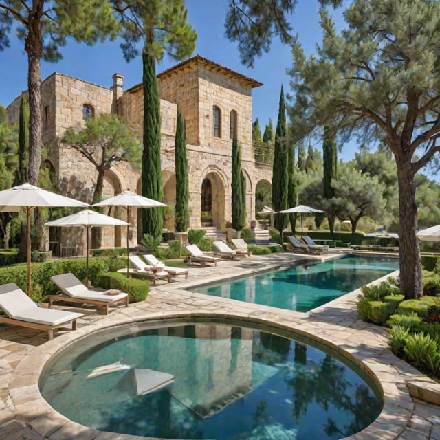 Mediterranean-style house with a large swimming pool and fountain, surrounded by chairs and umbrellas.