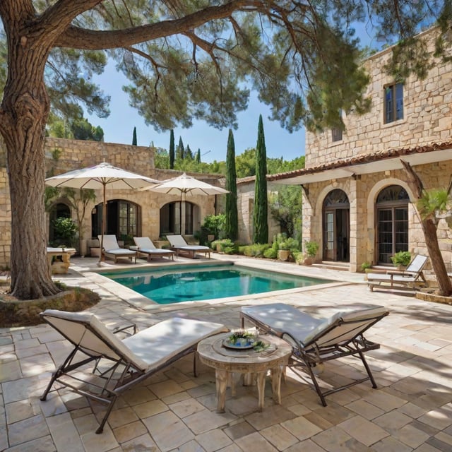 Mediterranean-style house with a large pool and patio area. The patio features several chairs and a dining table, all arranged under the shade of umbrellas. The house is surrounded by trees and has a stone exterior. The pool is blue and inviting.