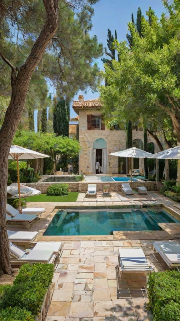 Mediterranean-style house with a large pool and patio area, featuring chairs and umbrellas for relaxation.