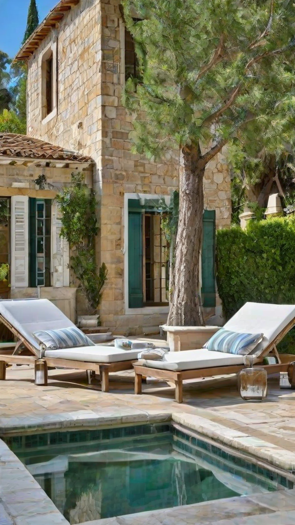 Mediterranean house exterior with patio and chairs