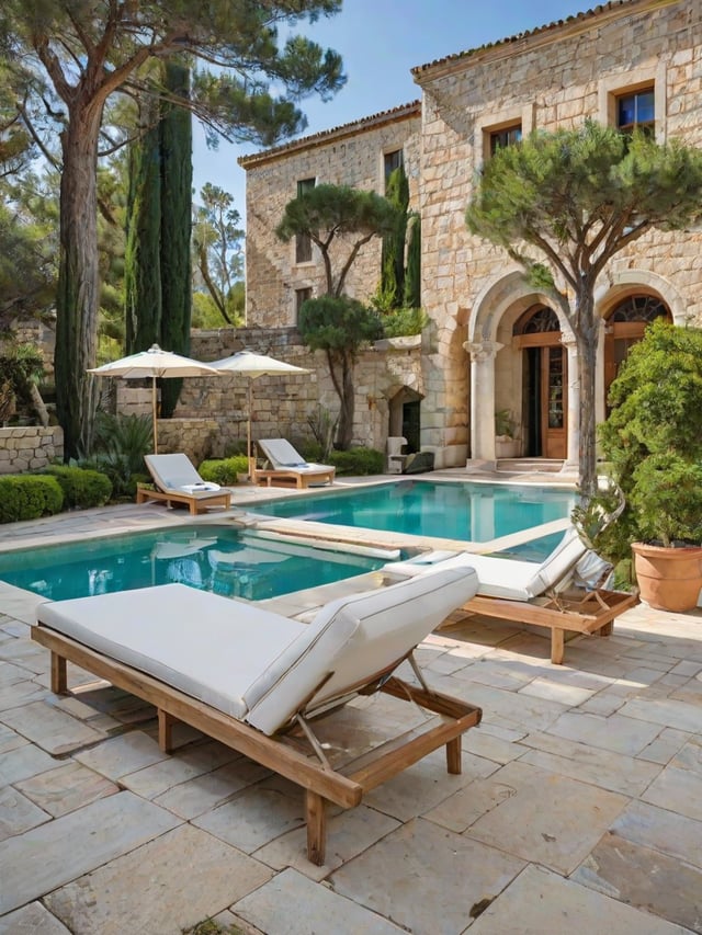 Mediterranean house exterior with pool and patio furniture