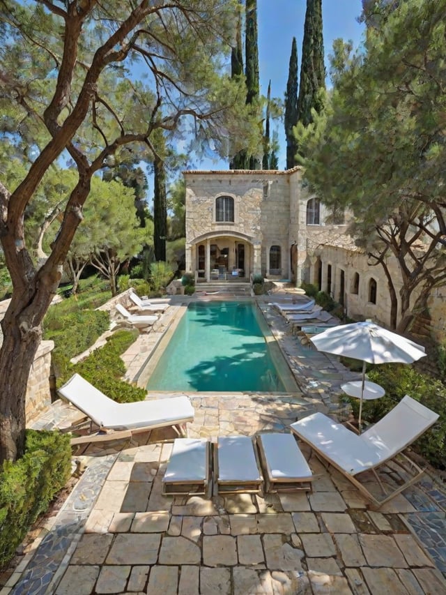 Mediterranean-style house with a pool and patio furniture