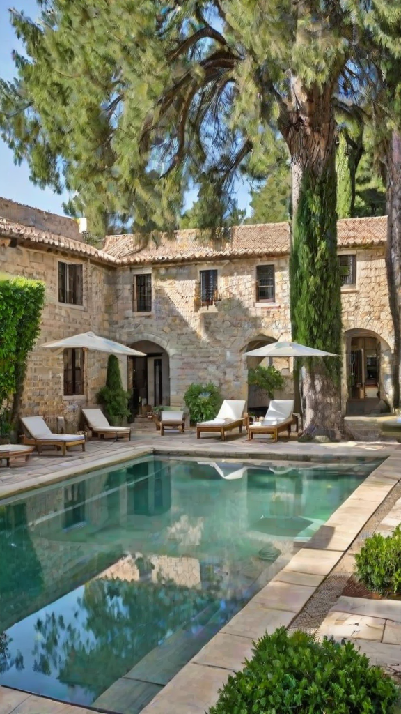 Mediterranean house exterior with pool and patio area