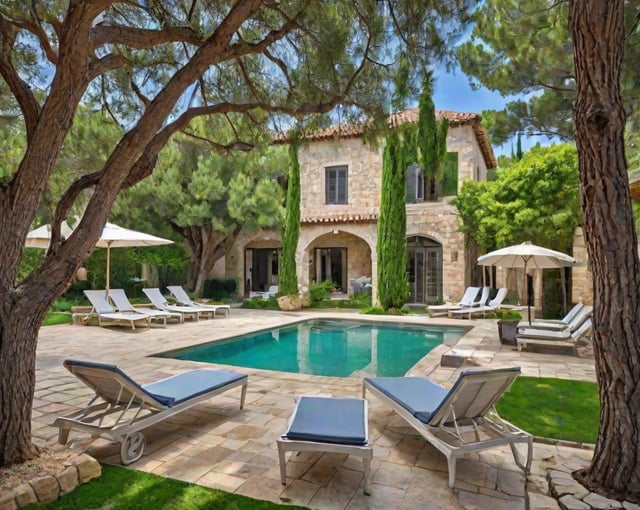 Mediterranean-style house exterior with a large pool and patio area, furnished with chairs and a dining table.