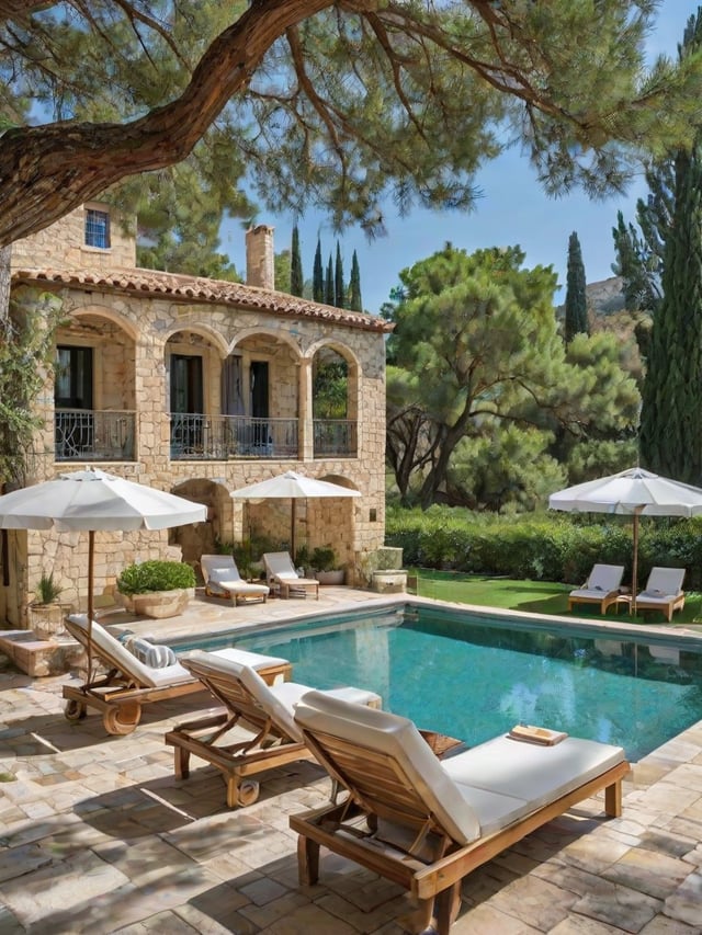 Mediterranean house exterior with pool and patio area