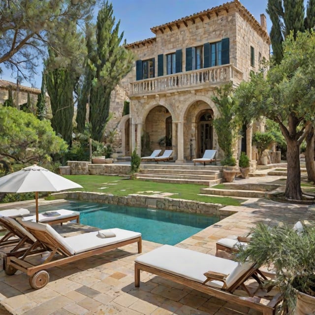 Mediterranean house exterior with a large pool and patio area, featuring chairs and a couch arranged around the pool.