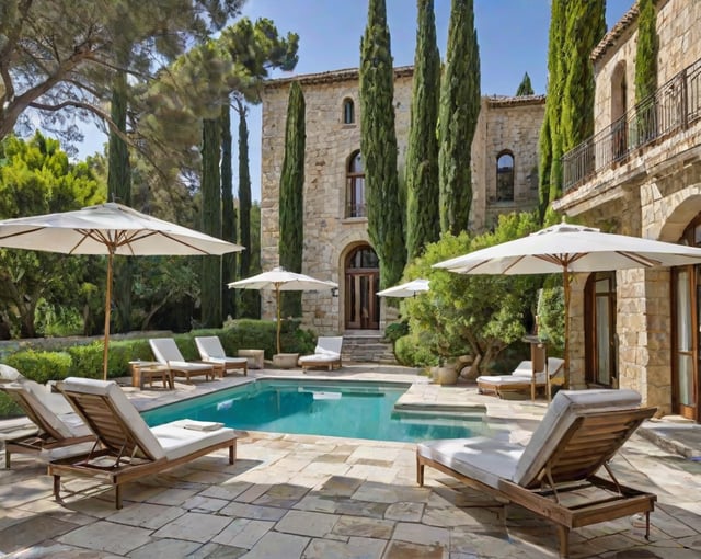 Mediterranean-style house exterior with a large pool and patio area, featuring several chairs and umbrellas.