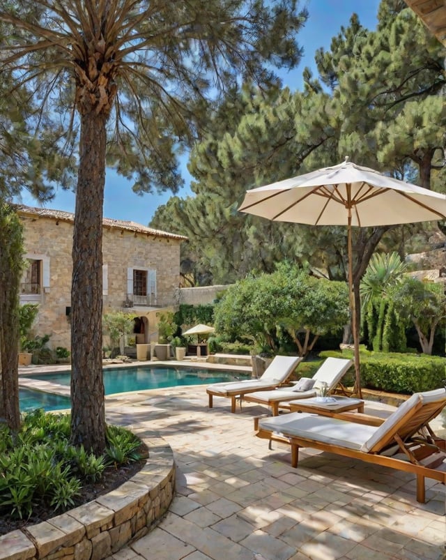 Mediterranean-style house with pool and patio area, featuring chairs and a large umbrella.