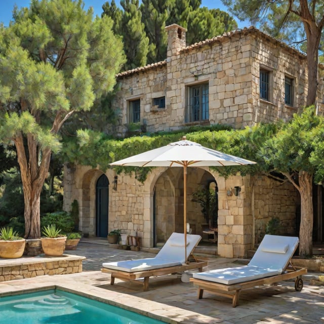 Mediterranean house with pool and lounge chairs