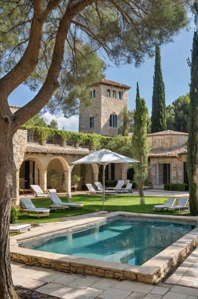 Mediterranean house exterior with a pool, patio furniture, and a large building with a clock tower.