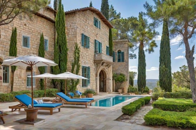 Mediterranean-style house with a large pool, lounge chairs, umbrellas, and potted plants.