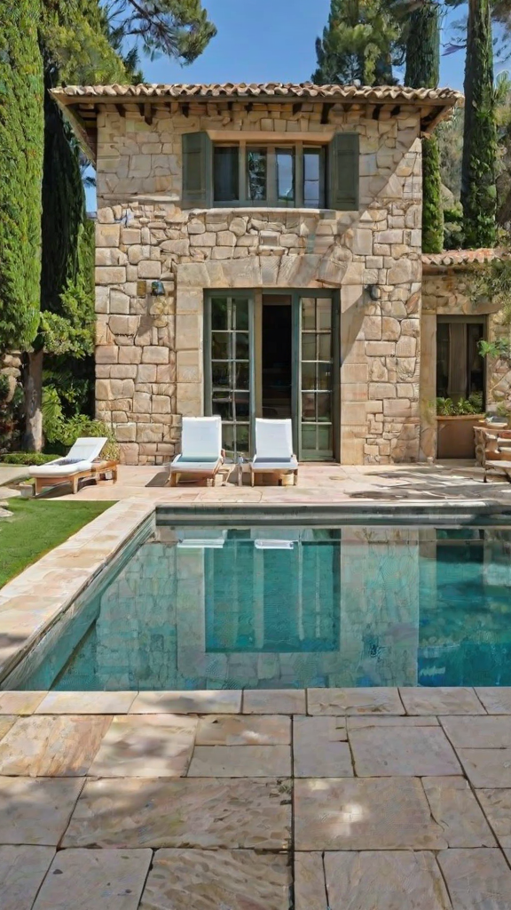 A Mediterranean-style house with a pool and patio area. The house has a stone exterior and features a large window and a door. The patio area includes a pool and chairs for relaxation.