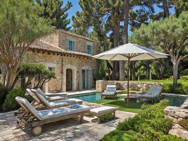 Mediterranean-style house with a large backyard featuring a pool and patio, furnished with chairs and an umbrella.