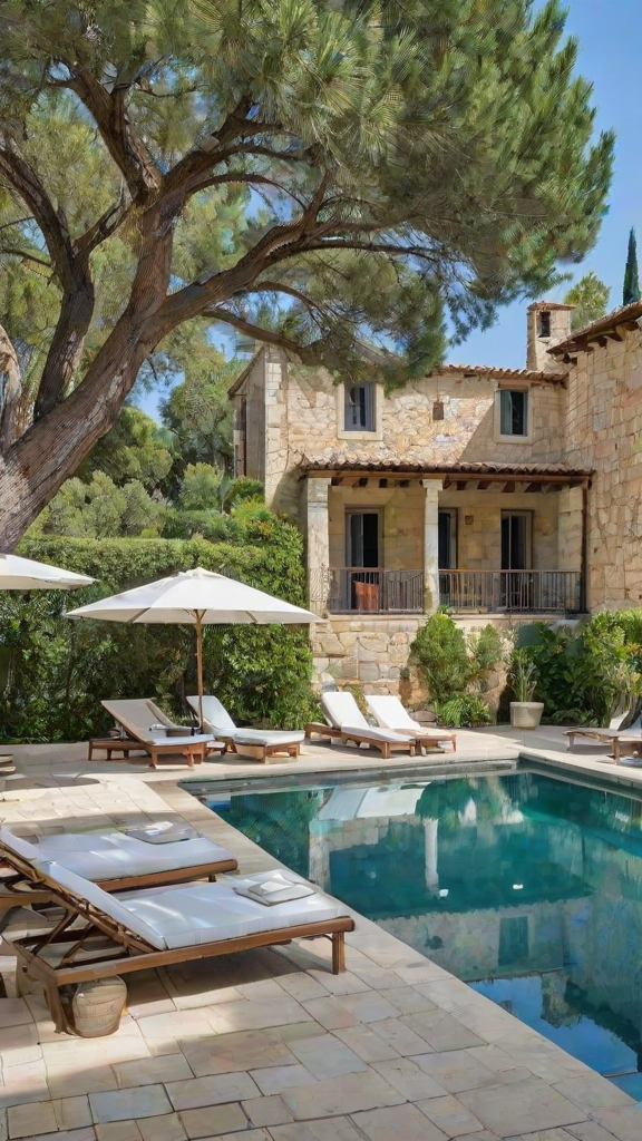 Mediterranean-style house with a large pool and patio area, featuring chairs and umbrellas for relaxation.