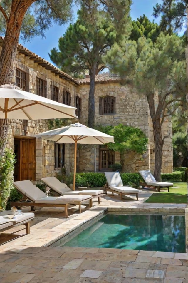 Mediterranean house exterior with pool, patio furniture, and stone building.