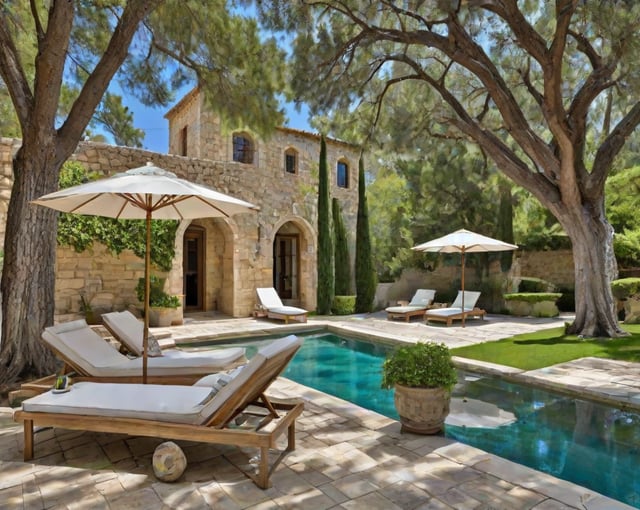 Mediterranean-style house with a pool, chairs, and umbrellas