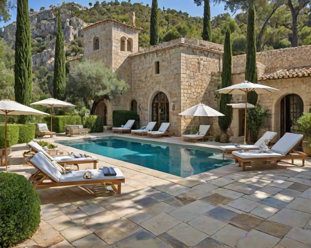 Mediterranean house exterior with pool and patio furniture