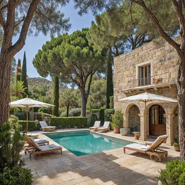 Mediterranean-style house with a pool and patio area