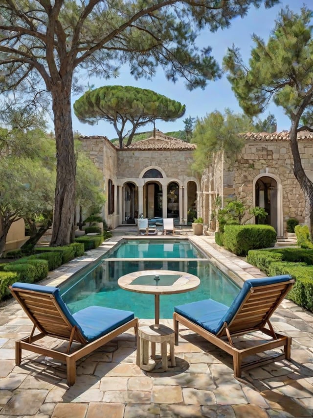 A Mediterranean style house with a pool and patio furniture. The patio features a table and chairs, including a blue lounge chair and a wooden bench. The pool is surrounded by green bushes and trees, creating a serene and inviting atmosphere.