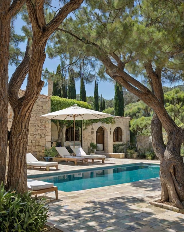 Mediterranean house exterior with pool, patio furniture, and umbrella