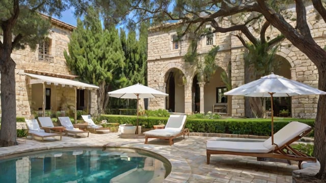 Mediterranean-style house exterior with pool and patio area, featuring chairs, a couch, a dining table, and umbrellas.