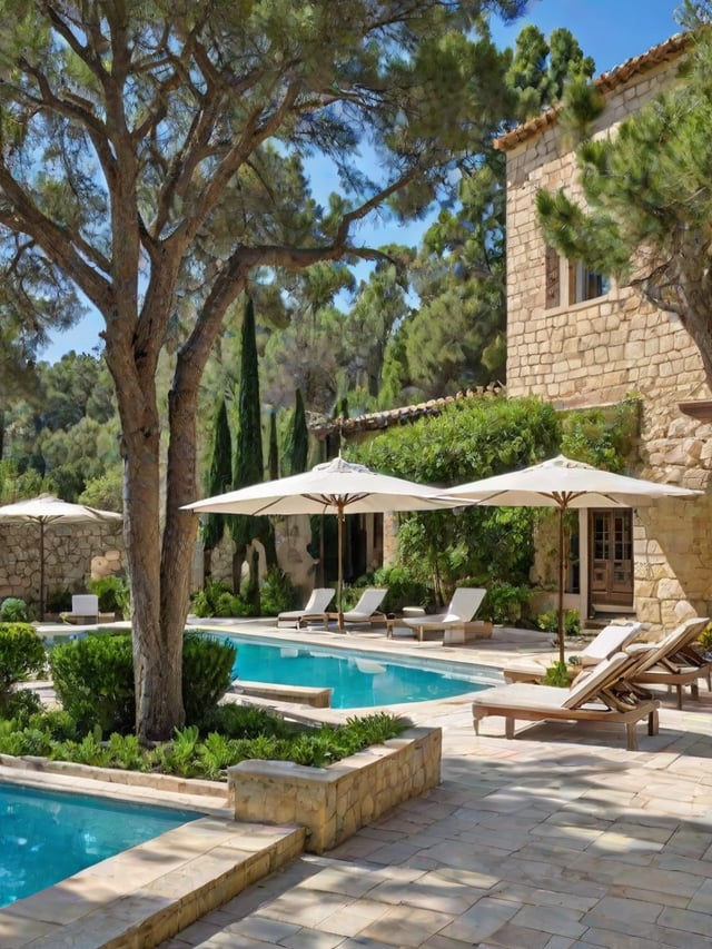 Mediterranean-style house with a pool and patio area