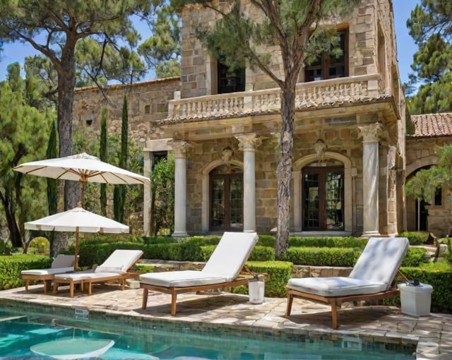 Mediterranean house exterior with pool, patio furniture, and tree