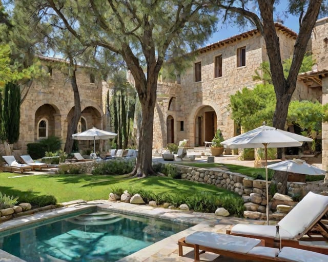 Mediterranean-style house with a pool, surrounded by greenery and outdoor furniture