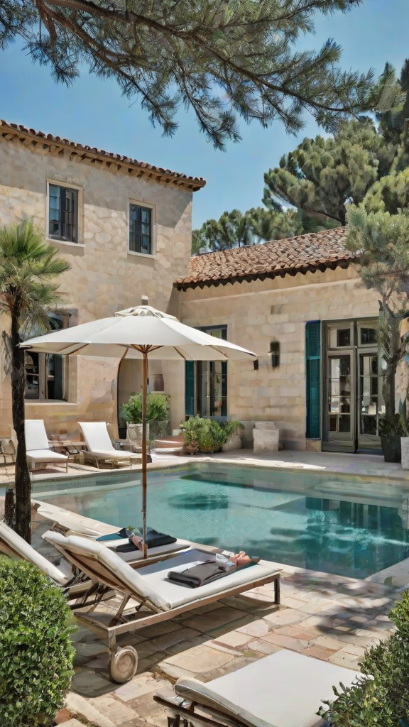 Mediterranean house exterior with pool and patio area