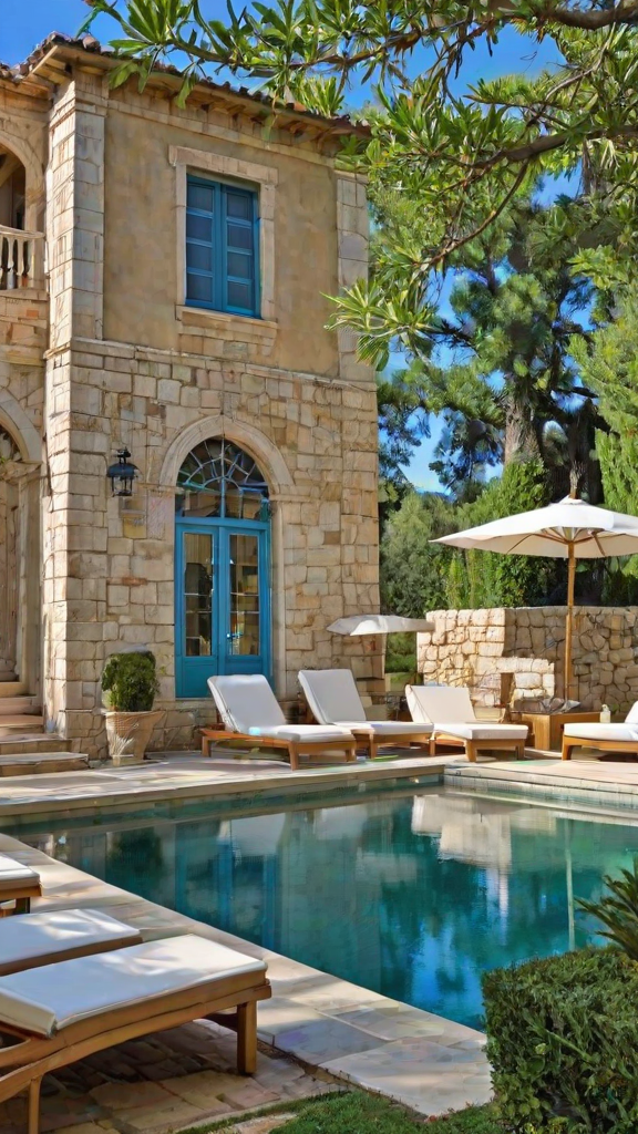 Mediterranean house exterior with blue door, pool, patio furniture, and umbrella