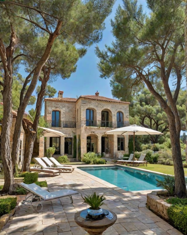 A Mediterranean-style house with a pool and patio area. The house has a red tile roof and a stone facade. The patio is furnished with chairs, umbrellas, and a potted plant. The pool is surrounded by a stone wall and is filled with crystal blue water.