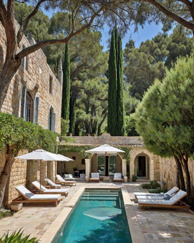 Mediterranean-style house with a pool area featuring lounge chairs and umbrellas